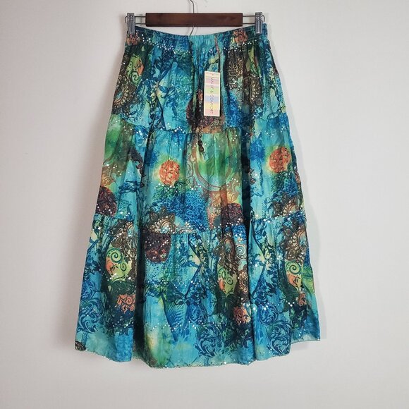 Women's Boho Chic Midi Skirt Medium Green Sequins Maximalist Artsy Floral Hippie - Picture 1 of 11